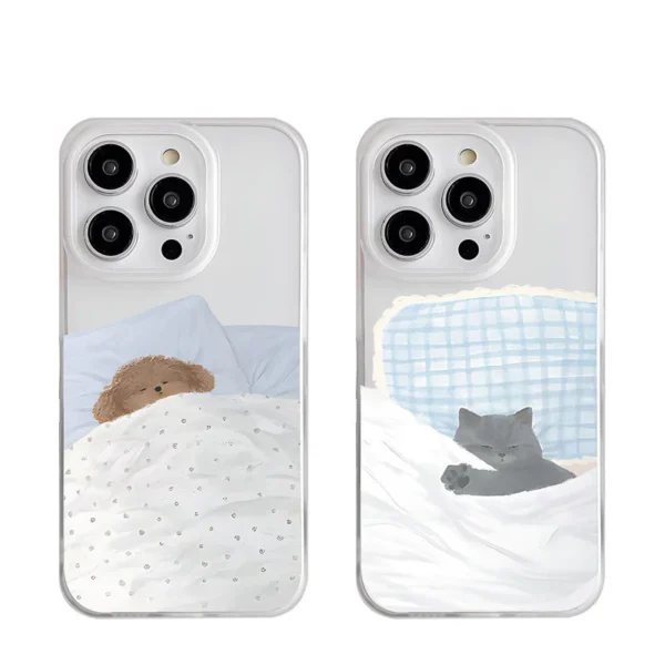 Cute Sleeping Cat Dog Couple Pattern Clear Frosted Case for Iphone