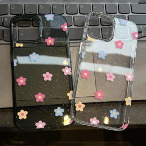 iPhone Case Super Bright Glitter Clear TPU Soft Case With Bracelet Colorful Flowers Compatible