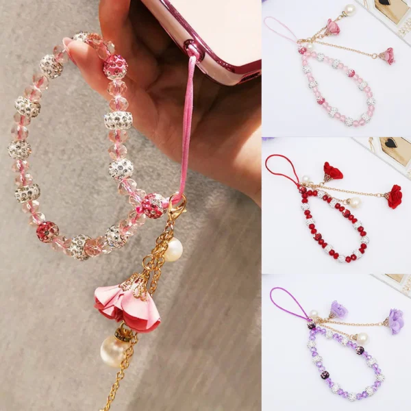 Stylish Plaster Flower Pendant Crystal Phone Lanyard Holder Antilost Lanyard Lovely Flower Accent