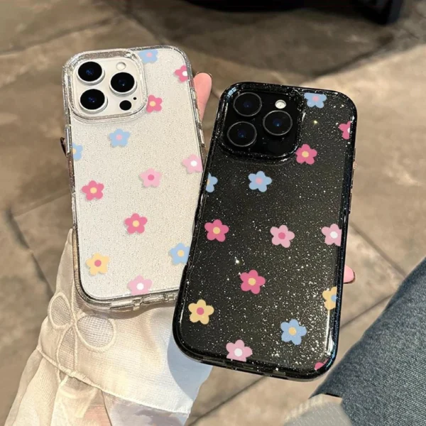 iPhone Case Super Bright Glitter Clear TPU Soft Case With Bracelet Colorful Flowers Compatible