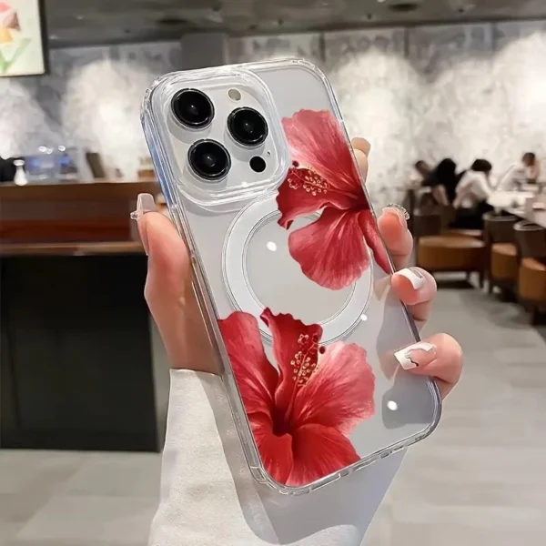 Magnetic Phone Case for IPhone Red Flower Printed Cover